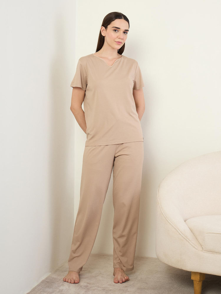 Sweet Dreams Womens Solid Pyjama with Top Beige-picture-15