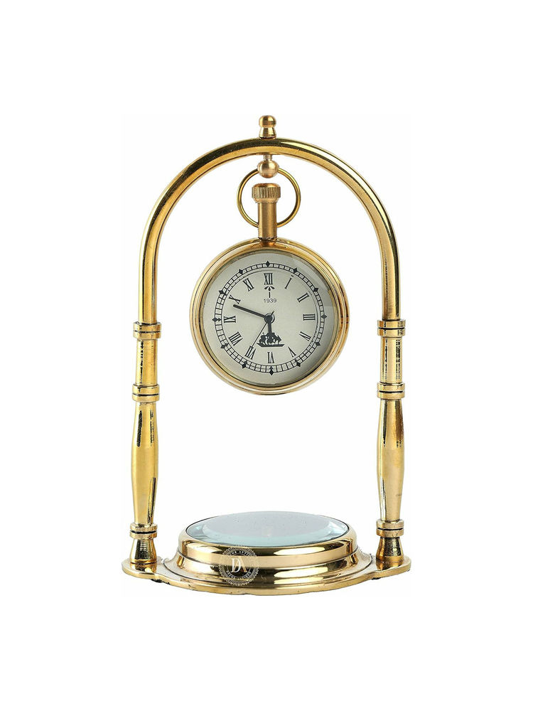 Decor Antique Vintage Shinny Brass Table Decorative Clock with Compass-picture-22