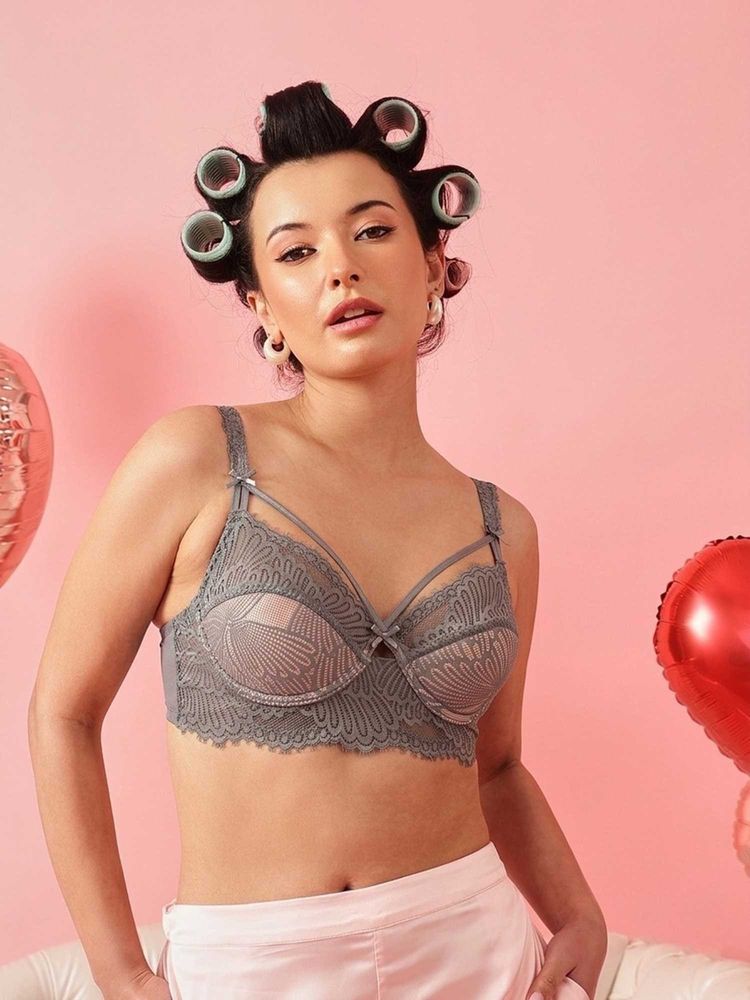 Chelvet Grey Padded Underwired Lace Bralette Bra-image-0