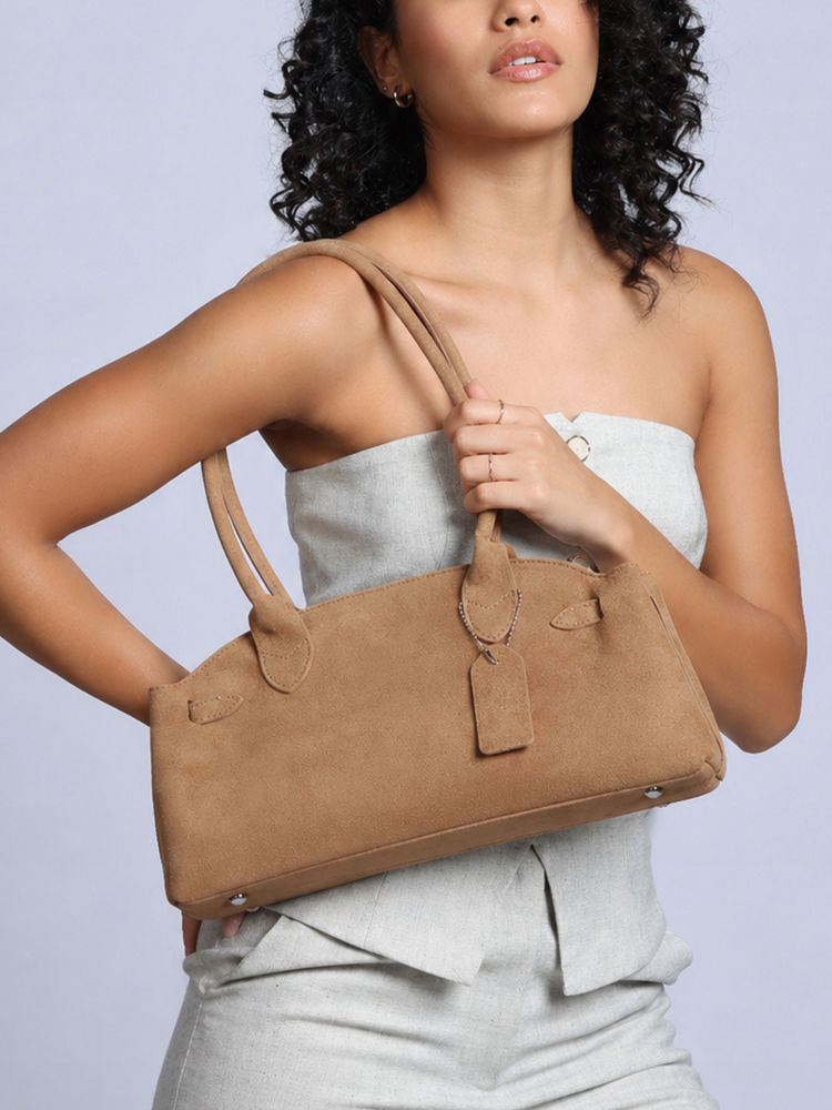 RSVP by Nykaa Fashion Camel Brown Faux Suede Shoulder Baguette Bag For Women-picture-16