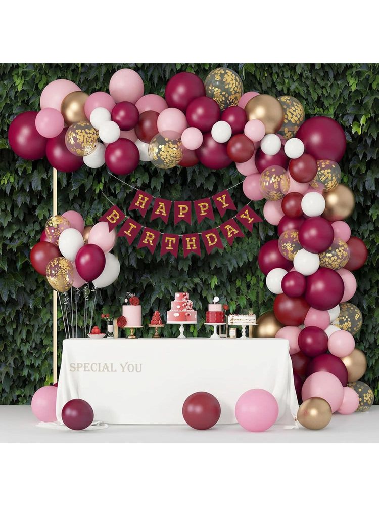 Special You Burgundy Pink Birthday Kit With Gold Chrome Balloons & Banner (63 Pcs)-image-4