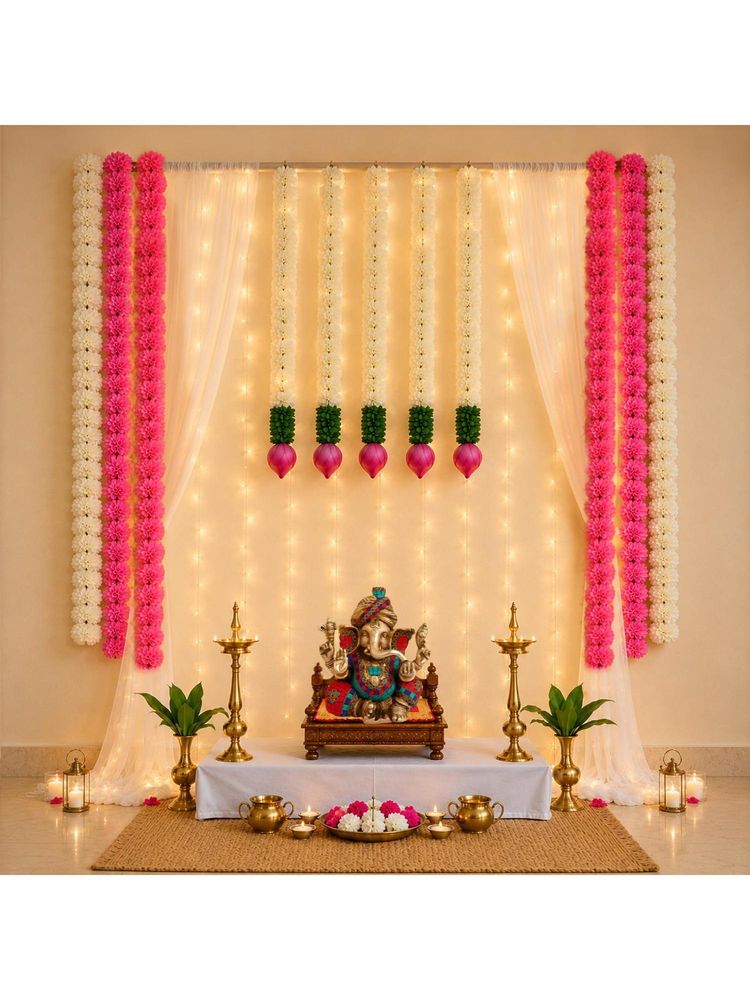 Special You Ganesh Chaturthi Kit With Pink Curtain Backdrop & Green Vines-image-2