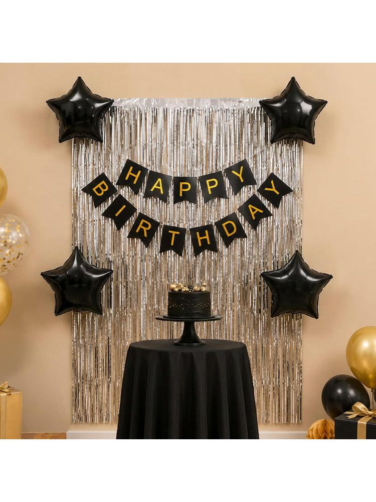 Special You Silver Fringe Curtain Kit With Black Banner & Star Foil Balloons (5 Pcs)-image-4