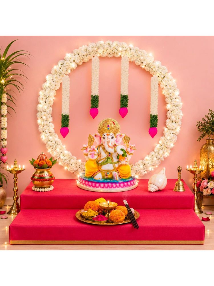 Special You Ganpati Kit With White Round Stand, Lotus Bud Hangings & White Marigold Garlands-picture-38