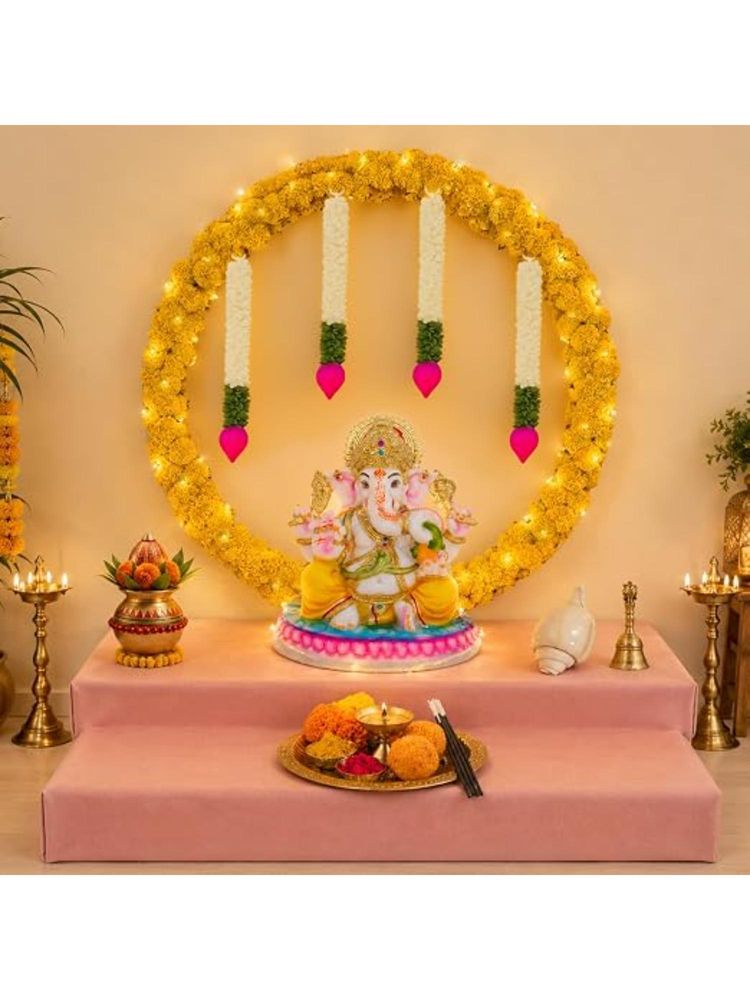 Special You Ganpati Kit With White Round Stand, Lotus Bud Hangings & Yellow Marigold Garlands-picture-37