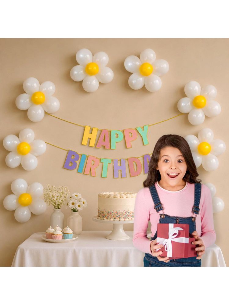 Special You Pastel White Birthday Kit With White- Yellow Balloons, Flower Clips & Banner (58 Pcs)-image-6