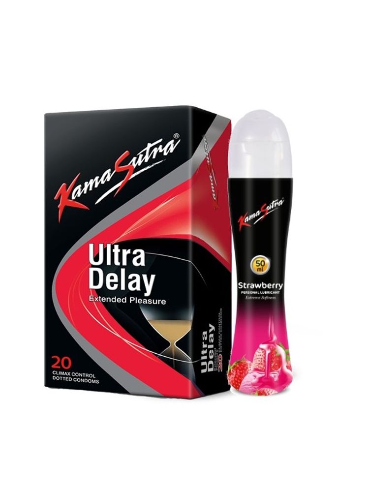 KamaSutra Ultra Delay Condoms, 20 Units & Strawberry Flavoured Lubricant 50ml