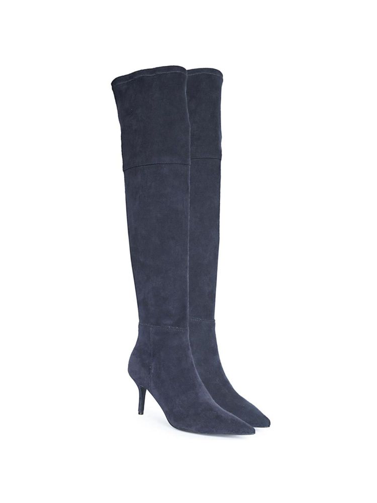 Saint G Women Navy Blue Stretch Suede Leather High Boots-image-45