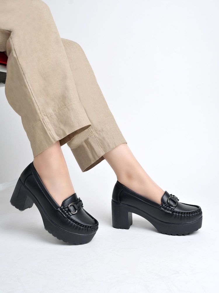 Shoetopia Women Black Chunky Loafers-image-35