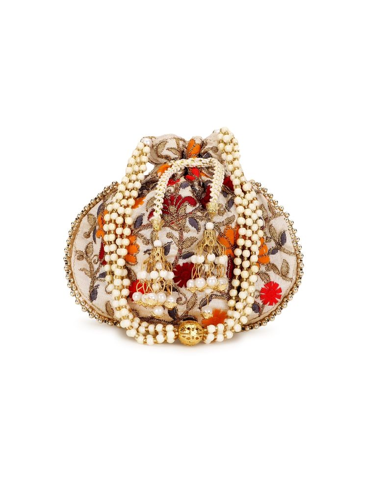 Anekaant Dangle Cream and Multi Floral Embroidered Faux Silk Potli