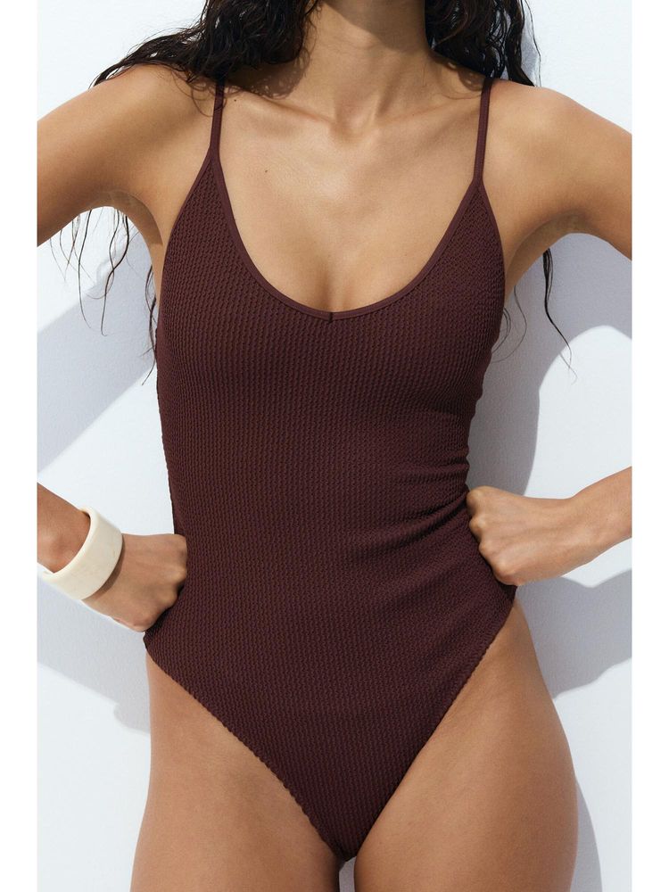 H&M Women Brown Padded-Cup High Leg Swimsuit-image-19