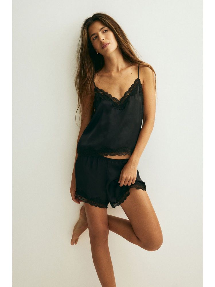 H&M Women Black Lace-trimmed satin Top and Shorts-picture-30