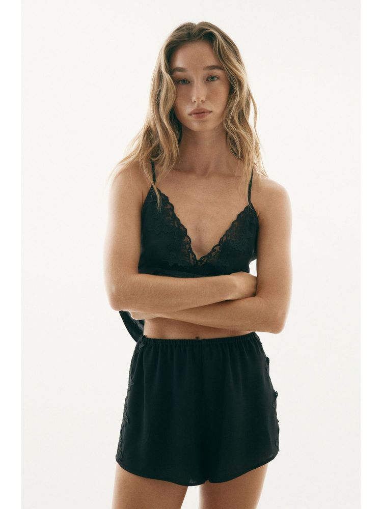 H&M Women Black Lace-Trimmed Viscose Top With Shorts-picture-15