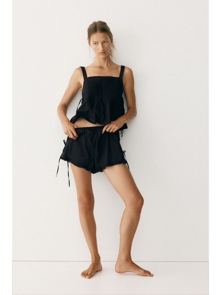 H&M Women Black Tie-Detail Cotton Top And Shorts-picture-26