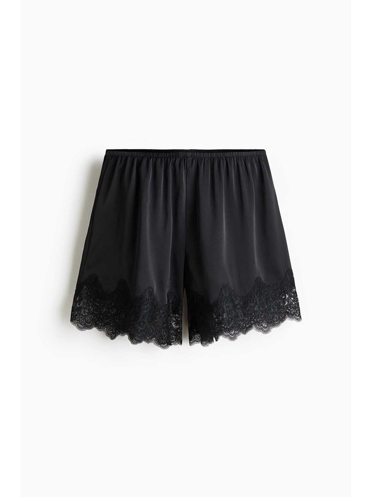 H&M Women Black Lace-Trimmed Satin Pyjama Shorts-picture-21
