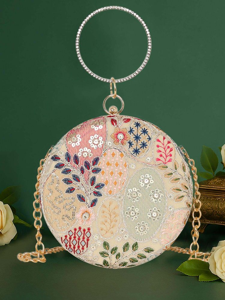 ESBEDA Multi-Color Embroidered Fabric Clutch with Detachable Chain Strap-image-31