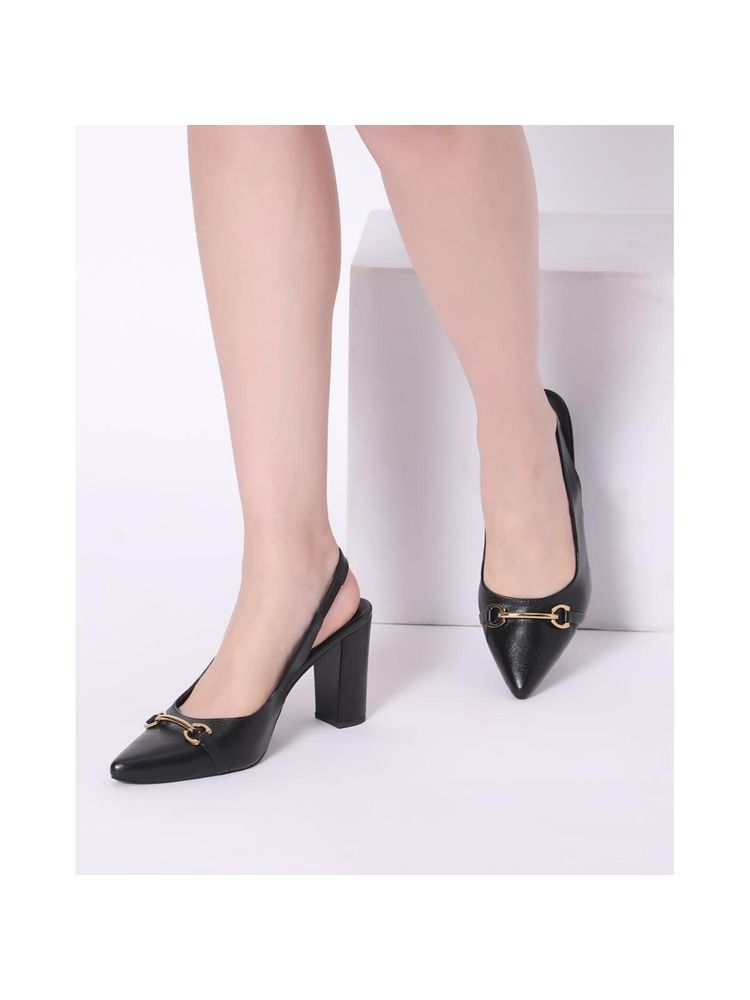 T.ELEVEN Pointed-Toe Chunky-Heeled Shoes with Sling-Back-Black-picture-21