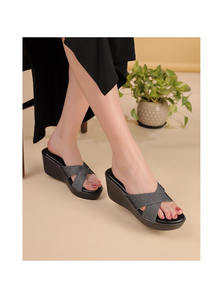 T.ELEVEN Embellished Peep-Toe Wedges Sandals-Black-image-1