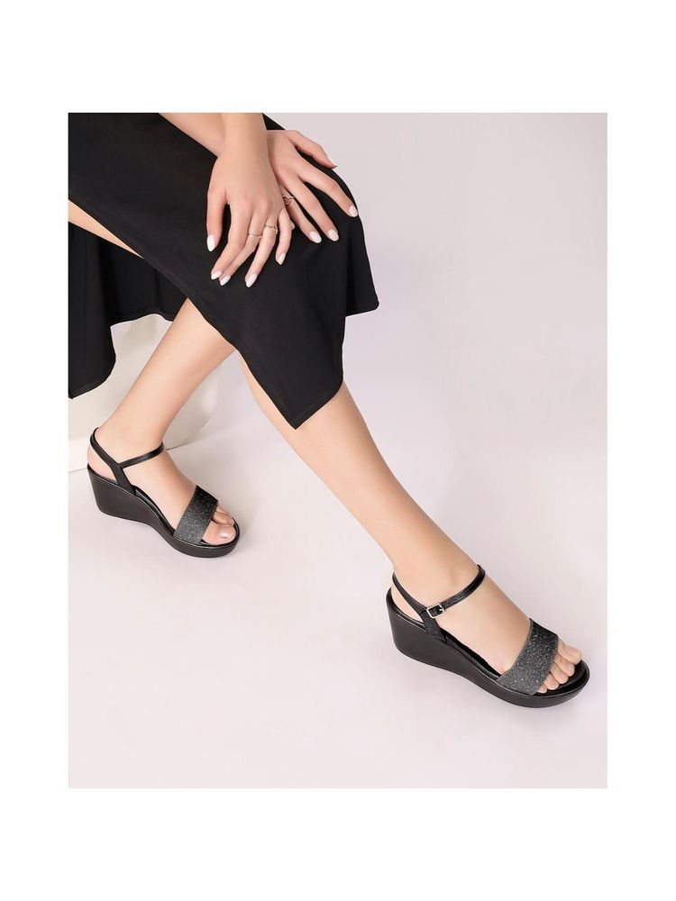 T.ELEVEN Womens Black Embellished Wedges Sandals-Black