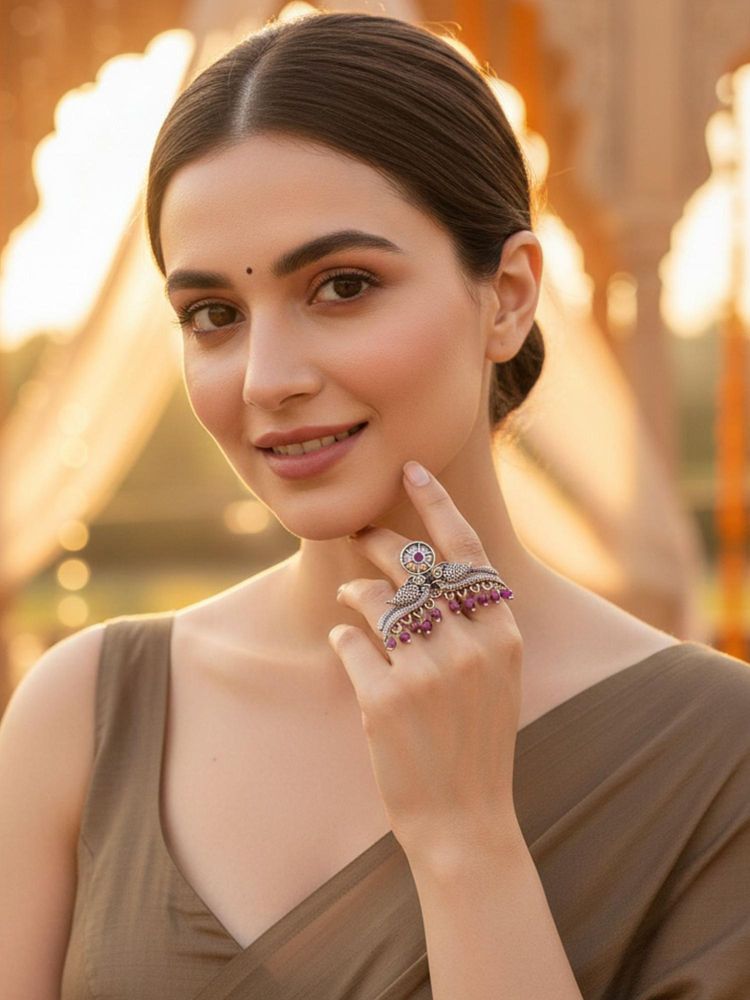 Karatcart Designer Peacock Shape Pink Crystal Studded Oxidised Silver Cocktail Ring for Women-image-1