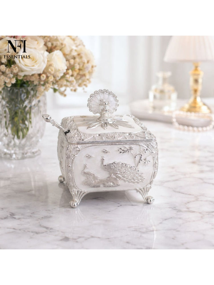 NFI Essentials White Peacock Design Sugar Pot with Lid & Spoon-picture-16