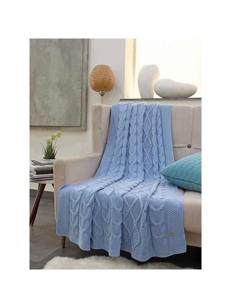Pomme Blue 100% Organic Cotton Cable Texture Knitted Decorative Throw-image-4