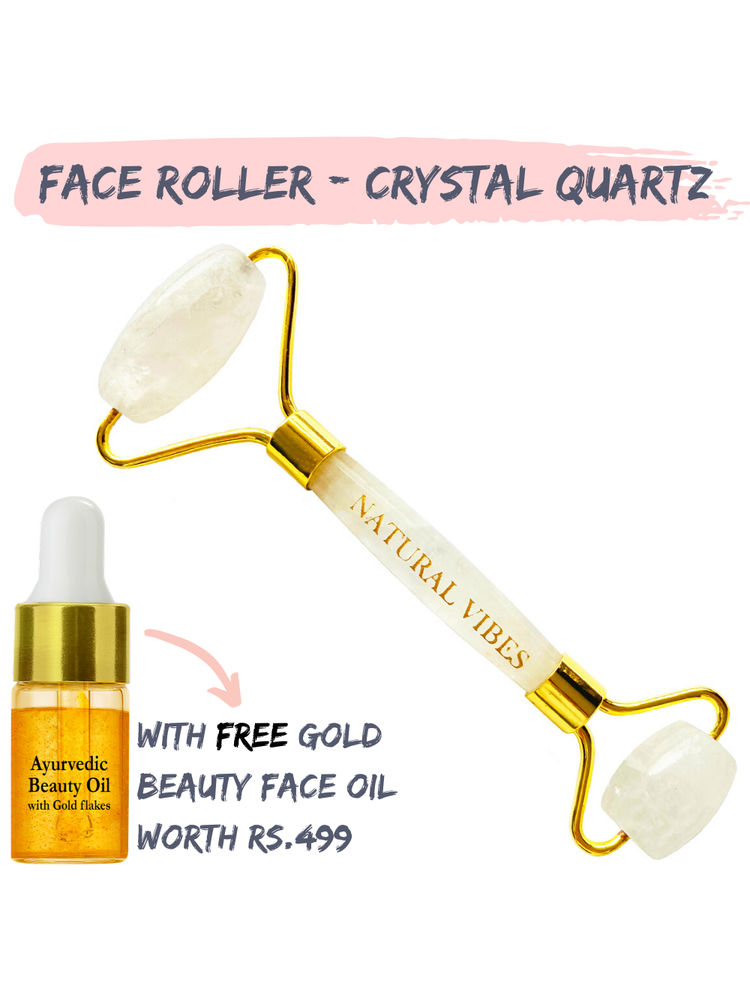 Natural Vibes White Crystal Quartz Roller with FREE Gold Beauty Elixir Oil for Face Neck & Under Eye