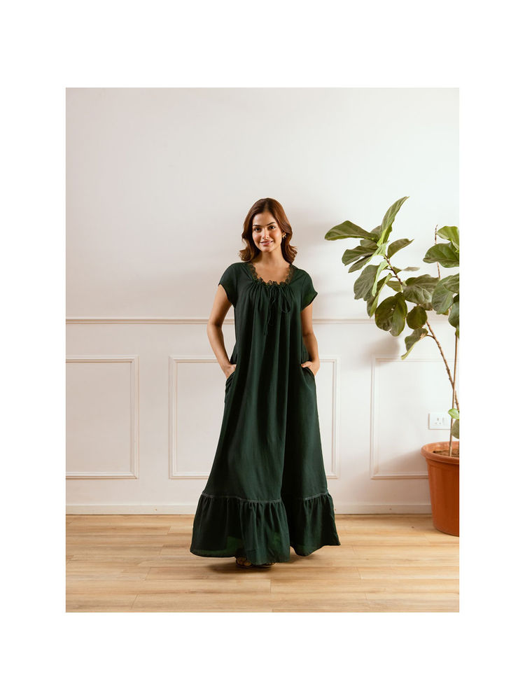 FEATHERS CLOSET Emerald Green Flared Soft Crepe Nightdress-picture-14