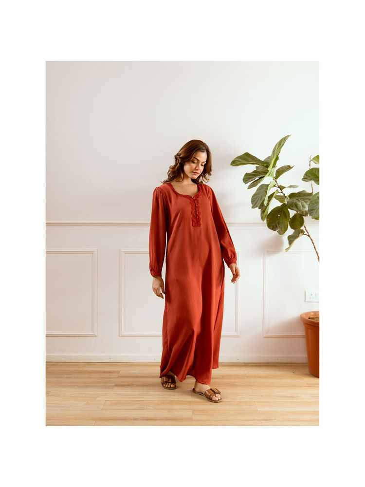 FEATHERS CLOSET Rust Soft Crepe Nightdress-image-34
