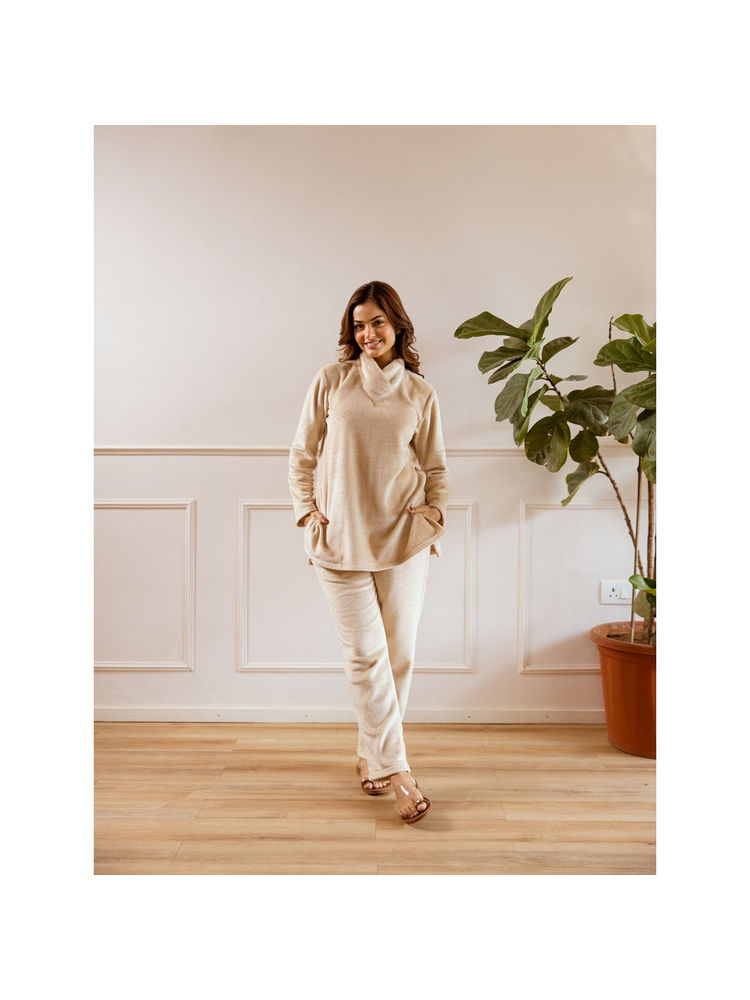 FEATHERS CLOSET Cross Neck Super Soft Beige Top with Pant (Set of 2)-picture-26