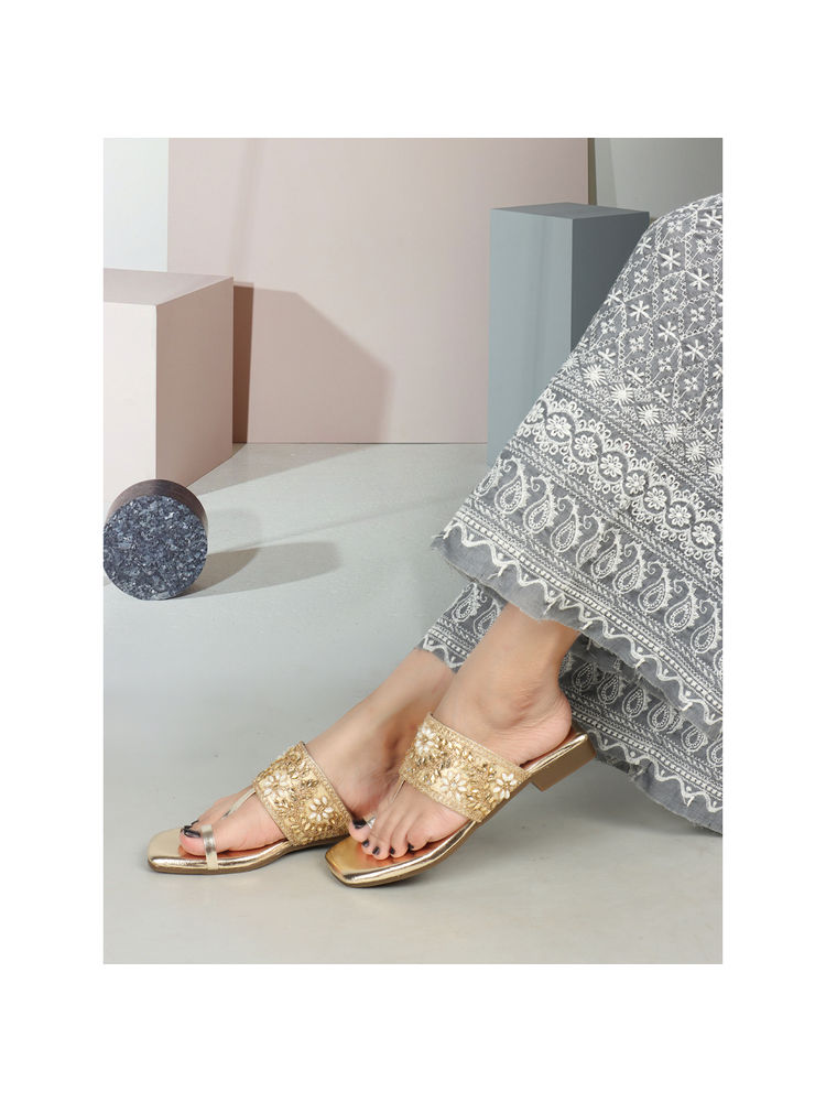 Iconics Women Gold Slip-On Square Toe Kolhapuris-picture-22