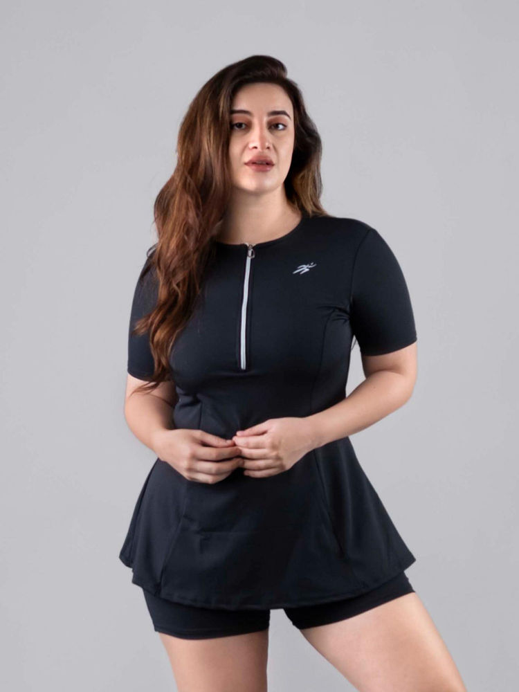 Keepfit Women Black Padded Plus Size Swimwear Frock Style Top with Boyshorts-picture-23