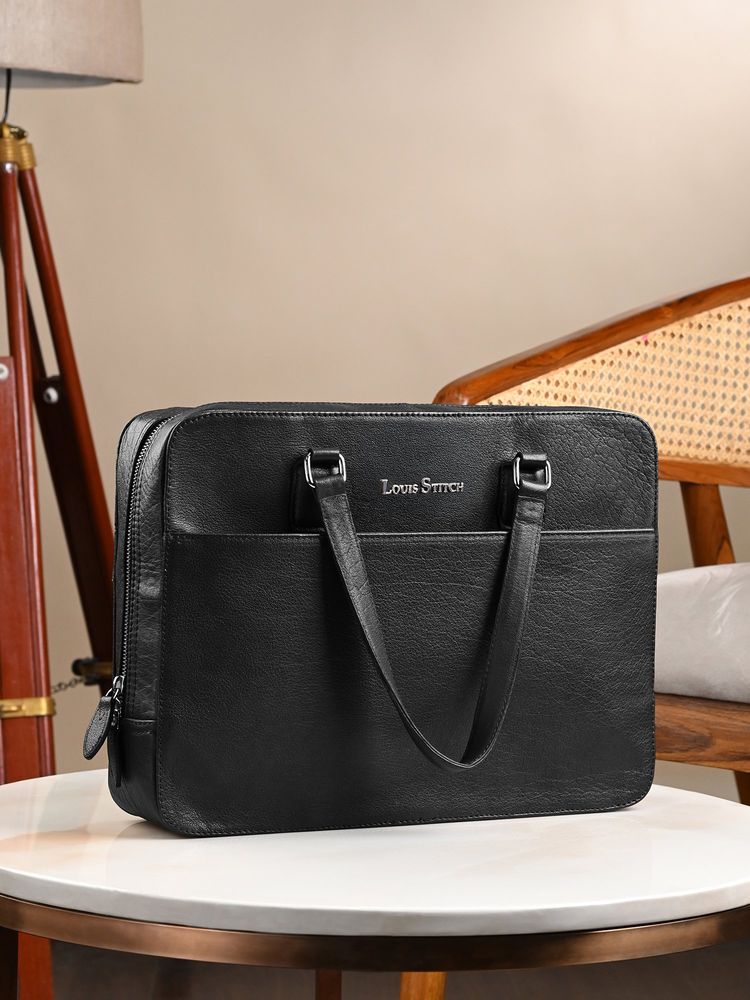 Louis Stitch Black Italian Leather Laptop Bag Multifunctional Executive Briefcase (M)-picture-12