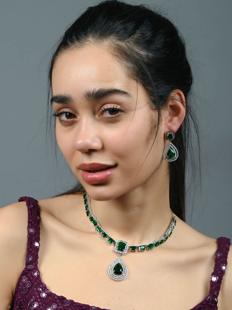 Odette Dark Green Alloy Stone Studded Jewellery Set-picture-23