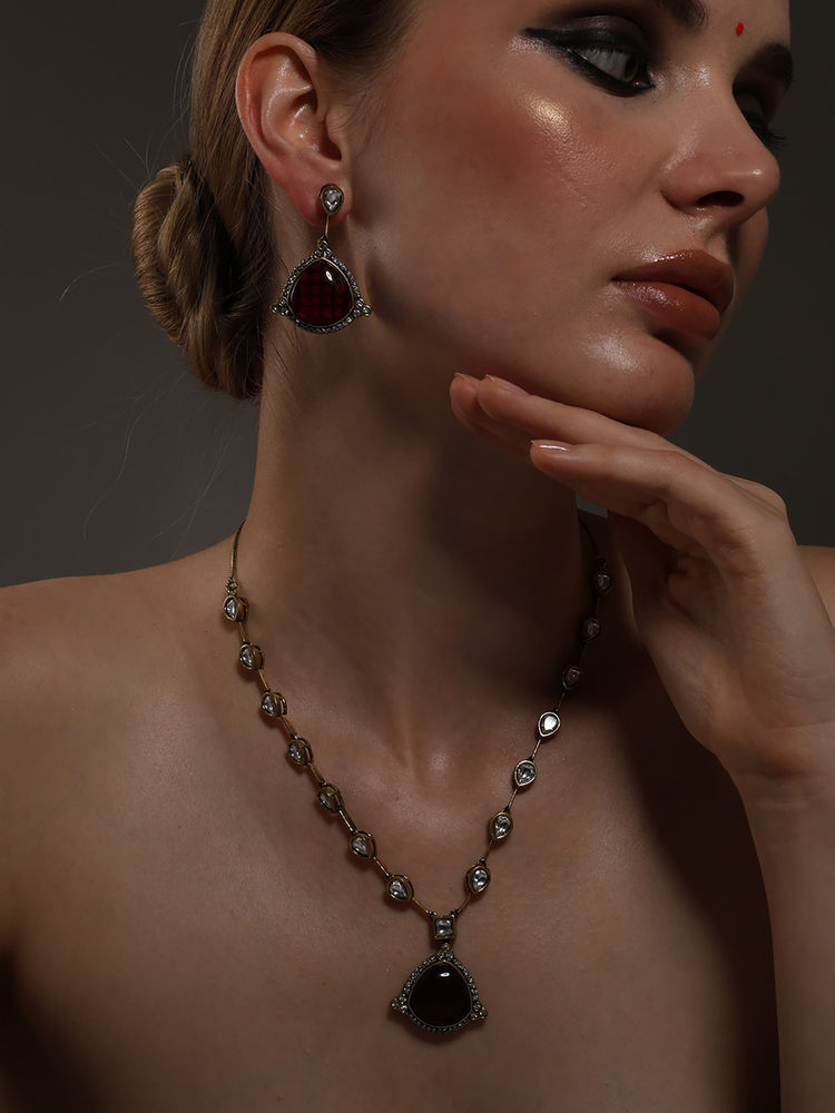 VENI Gold-Plated Oxidised Red Stone Jewellery Set-image-19