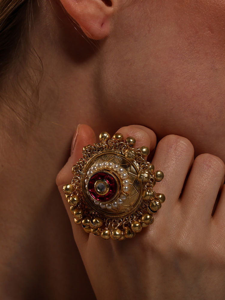 VENI Gold-Plated Oxidised Red Ruby Stone Studded Durga Finger Ring-image-6