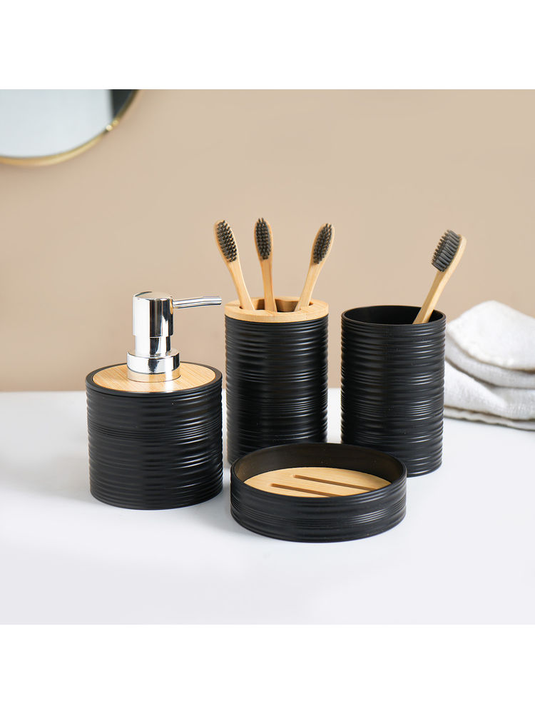 Voncasa Black Plastic & Bamboo 4 Piece Bathroom Accessories Set-image-5