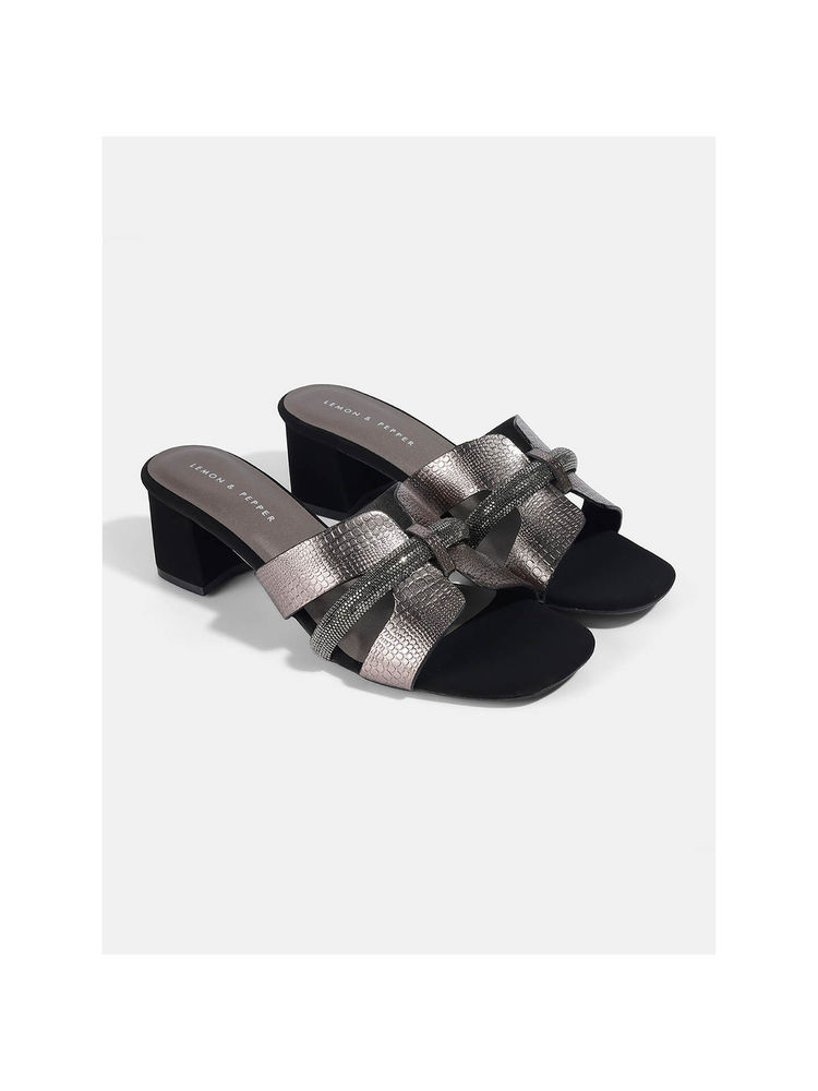 Lemon & Pepper Gun Metal Grey Fancy Block Heel Sandals-image-6