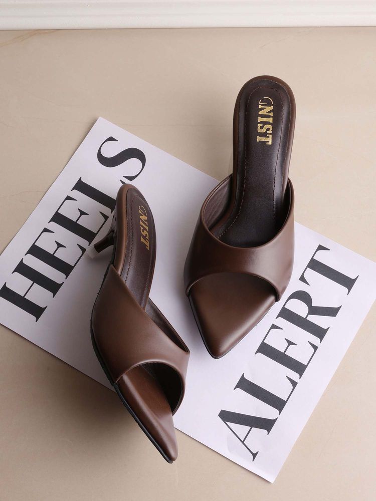 GNIST Comfortable Pointed Toe Brown Kitten Heels-image-3