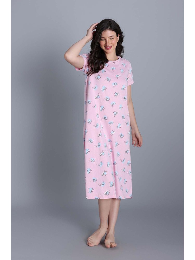 Zivame Knit Cotton Mid Length Nightdress - Pink-picture-28