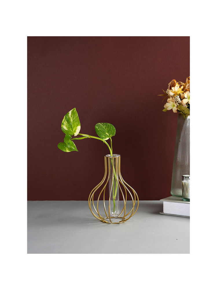Tayhaa Gold Transparent Metal & Glass Flower Vase-image-29