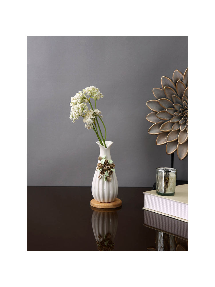 Tayhaa White Bloom Flared Textured Ceramic Flower Vase-image-3