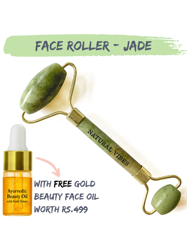 Natural Vibes Jade Roller & Massager With FREE Gold Beauty Elixir Oil For Face