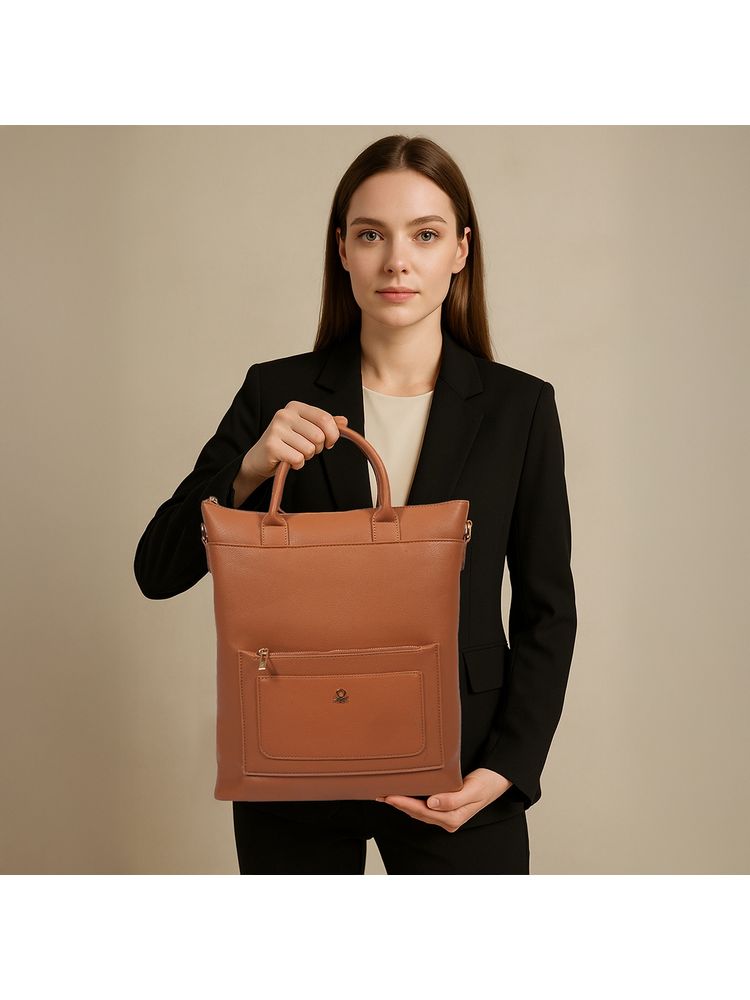 United Colors of Benetton Women Roberta PU Laptop Tote Backpack - Tan-image-22