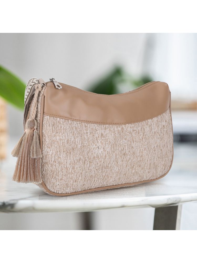 Anekaant Classic Tan Cotton Canvas & Velvet Self Design Woven Sling Bag-picture-12