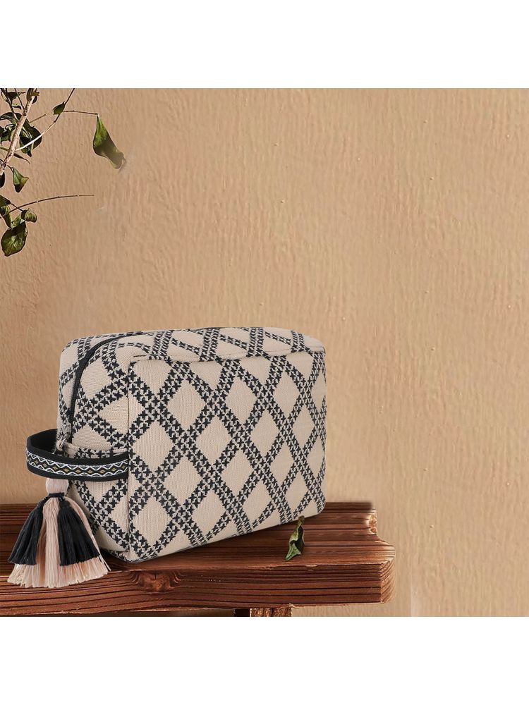 Anekaant Tribal Beige & Black Cotton Canvas Diamond Jacquard Travel Accessory Bag
