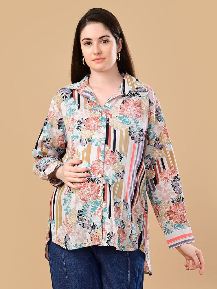 The Mom Store Cream Classic Maternity and Nursing Oversized Shirt-image-16