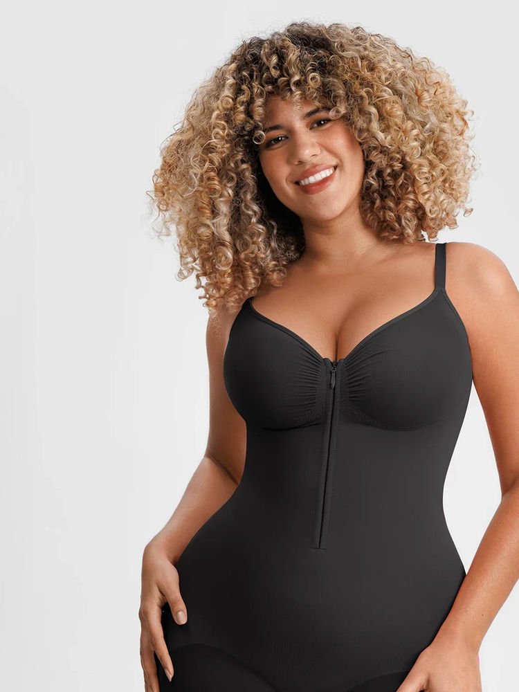 Shop The Edit High Compression Seamless Tummy Control Front Zipper Mid Thigh Bodysuit Black-image-5