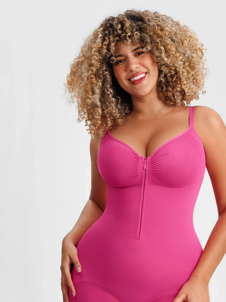 Shop The Edit High Compression Seamless Tummy Control Front Zipper Mid Thigh Bodysuit Pink-picture-18