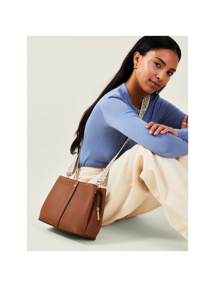 Accessorize London Women Brown Faux Leather Webbing Strap Sling Bag with Detachable Strap-picture-23